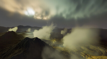 Dramatic mountain landscape with billowing smoke erupting from its peak under a clear blue sky
