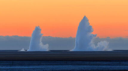 Dynamic group of water spewing from multiple spouts in a vibrant display of nature's power and beauty