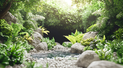 Picturesque stream flowing through a dense forest with sunlight filtering through the lush green canopy