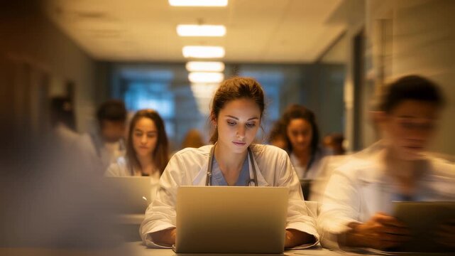 Dynamic medium shot centered on a focused intern typing on a laptop blurred surroundings reveal others engaged at healthcareagency stations nurturing emerging healthcare