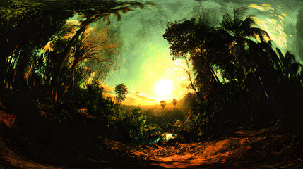 Enchanting forest with sunlight streaming through tall trees creating a magical atmosphere