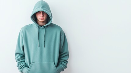 Teenager wearing a trendy oversized hoodie, hands in pockets, isolated on a pure white background,