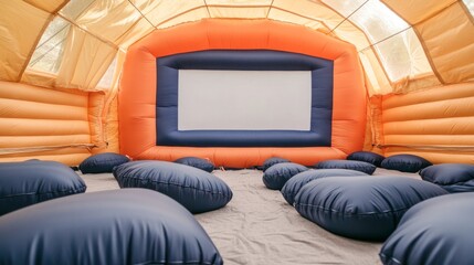 Inflatable Cinema Room Orange and Blue, beanbags, movie night