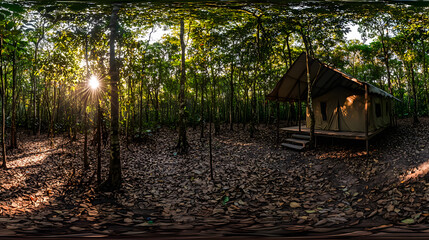 Cozy tent nestled in a peaceful forest surrounded by tall trees and serene natural landscape