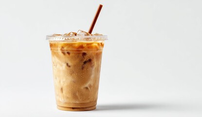 Iced coffee drink in clear plastic cup, light brown color, with ice cubes and a straw