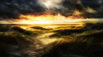 Scenic beach with dramatic cloudy sky overlooking turquoise waters and soft sandy shoreline