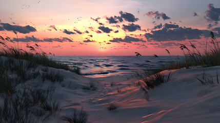 Vibrant beach scene with stunning sunset casting warm colors over soft sand and gentle waves