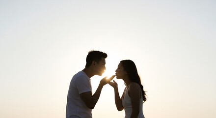 夕日輝く恋人シルエット 優しいキス 幸せな瞬間. AI Generated