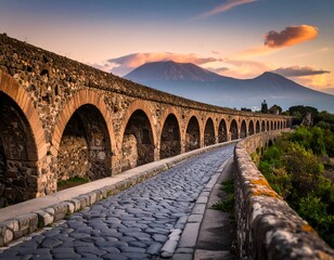 Ancient Roman road arches with volcano