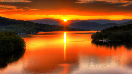 Serene lake with a stunning sunset in the background creating a beautiful reflection on calm water