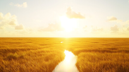 Expansive field of tall grass gently swaying in the breeze under a clear blue sky and sunshine