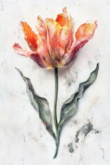 A single, vibrant tulip, richly colored, sits atop a textured, light background.  Its petals display a gradient of orange, yellow, and pink, with delicate, almost watercolor-like shading.