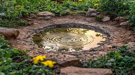 Serene puddle on the ground reflecting the surrounding environment in a calm natural setting