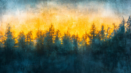 Vibrant forest displaying a unique blend of yellow and blue colors under a bright sky overview