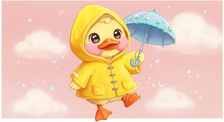 可愛い黄色いアヒル傘持ち 優しいピンク背景 幸せなイラスト. AI Generated