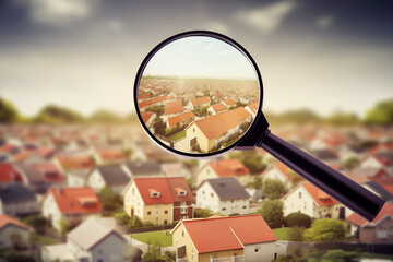 Magnifying glass focusing on a group of houses in a suburban area, concept of real estate market and property search