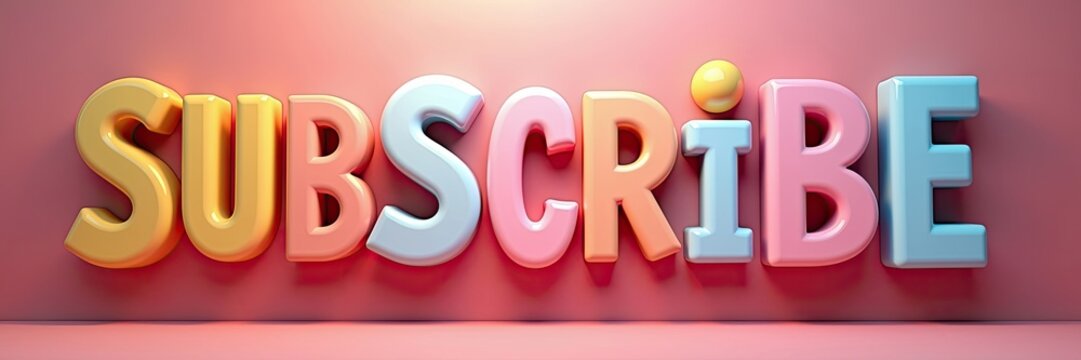 Multicolored 3d subscribe text on a pink background. - Powered by Adobe