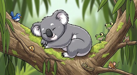 Adorable Koala Napping on a Tree Branch with Friendly Forest Creatures