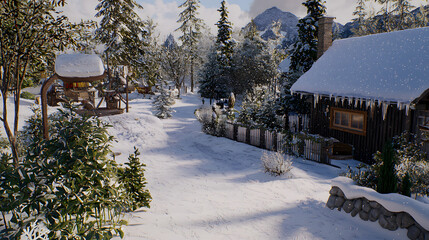 Cozy wooden cabin surrounded by beautiful snowy landscape under a clear blue winter sky