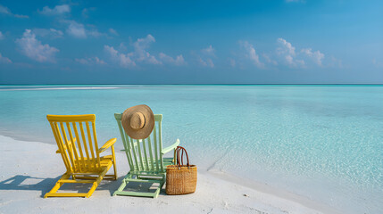 Vacation planner beach clubs. Retreat beach chairs and umbrella on the beach with a blue sky.  Sunny day empty colorful beach chairs with a straw hat, basket. White sand beach florida want at the bank