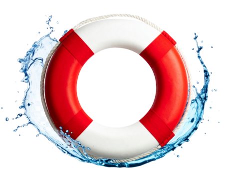 Red and white lifebuoy ring with dynamic water splashes on transparent background iso