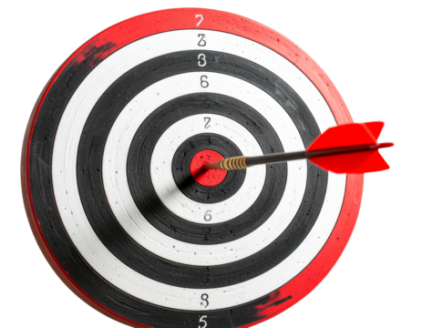 Red and white concentric target with arrow hitting bullseye on transparent background