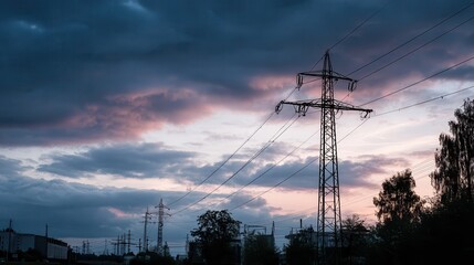 Stromtrasse - Stromleitungen im Abendhimmel.