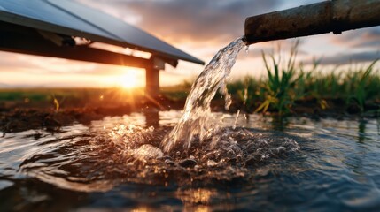 Fototapeta premium The sun sets in the background as water flows from a pipe into a tranquil pool, highlighting sustainability and eco-friendly practices in agricultural settings.