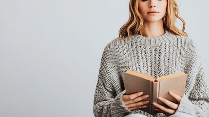 Woman in a cozy knit sweater, holding a book, isolated on a pure white background, relaxing