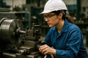 Focused Engineer: A focused engineer, immersed in a meticulous project, attentively operating industrial machinery within a state-of-the-art workshop environment.
