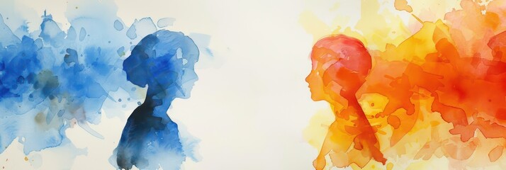 Anti bullying awareness with colorful watercolor silhouettes. Problem of bullying at school, based on nationality, race or class. Horizontal banner. Copy space. Watercolor illustartion