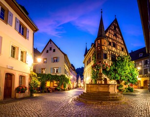 Fototapeta premium Cobblestone street at twilight in a historic European town.