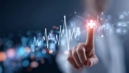 Medium shot capturing a hand interacting with a holographic investment chart highlighting one healthcare asset sharply while blurred connections to digital exchanges and regions - Powered by Adobe