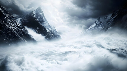 Majestic mountain peak rising above with dramatic clouds shrouding the summit in a vivid sky