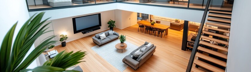 Minimalist Open-Plan Home Interior with Living and Dining Space, hardwood ,stairs