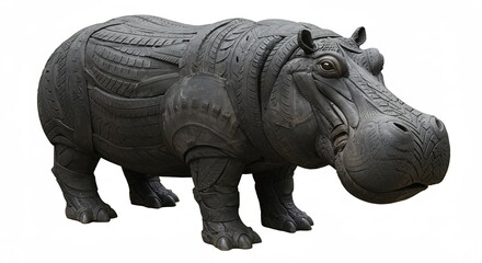 Fototapeta premium Intricate Carved Hippopotamus Statue Dark Gray Stone Detailed Texture. AI Generated