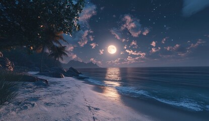 Moonlight beach scene under a starry sky. Palm trees and rocky shore