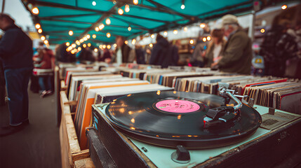 Illuminated interior of old school, retro vinyl record entertainment shop with music enthusiasts selecting record choice