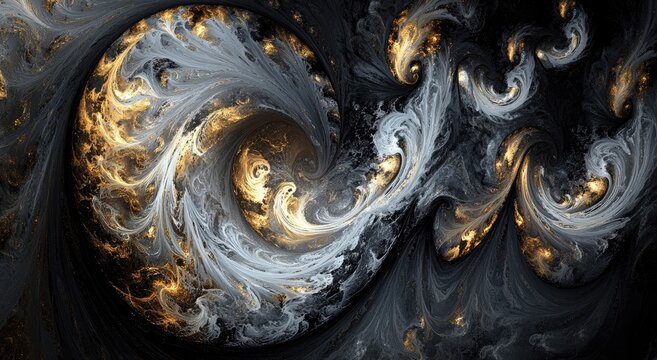 Abstract swirling patterns of gray and gold.  Intricate, textured forms