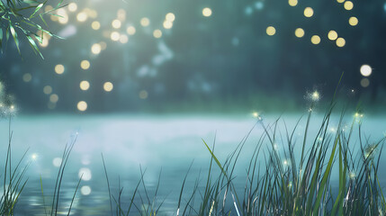Beautiful lake framed by lush green grass and sparkling water under a bright sunny sky