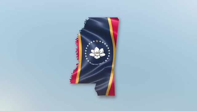 US State of Mississippi Flag Hoisting and Zoom to reveal the State Border Map with Waving Flag Intro which is useful for news, political events, sports intros and presentation.