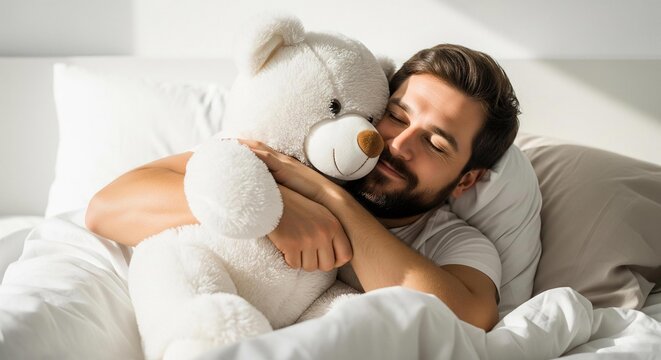 A photorealistic, centered medium shot of a man peacefully asleep in bed while hugging a white teddy bear.
