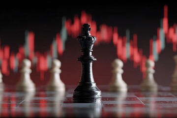 Black chess king stands in front of blurred red stock market graph strategy business
