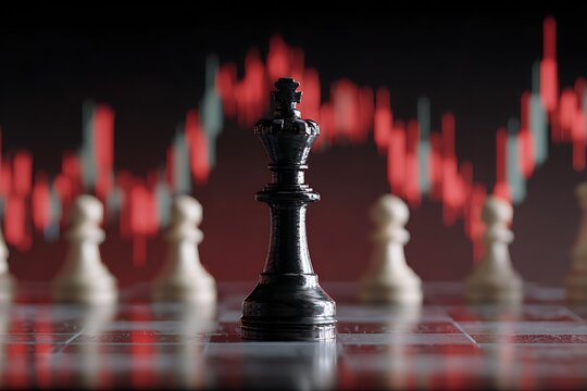 Black chess king stands in front of blurred red stock market graph strategy business