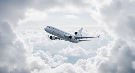Obraz premium White airplane gracefully ascends through dramatic overcast sky. AI Generated