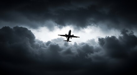Fototapeta premium Silhouetted airplane bravely flies through dark ominous storm clouds. AI Generated