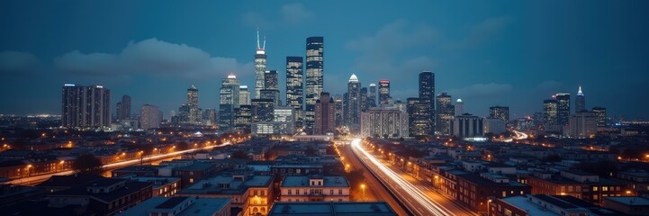 Fototapeta premium City skyline at twilight, illuminated by lights.