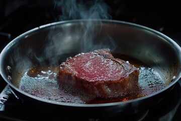 A thick steak sizzles in a hot pan, steam rising