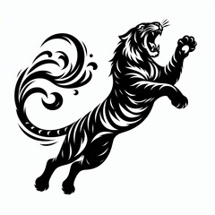 Fototapeta premium Stylized black tiger leaping with ornate swirling tail