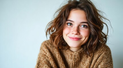 A young woman with a warm smile radiates comfort and warmth while wearing a cozy knitted sweater, inviting a sense of connection, warmth, and joy in a serene environment.